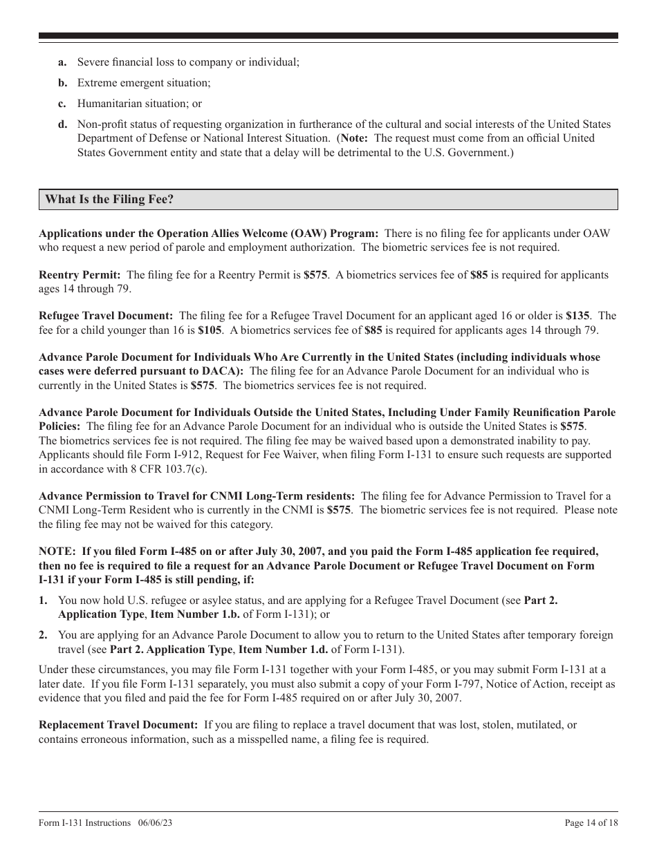 Instructions for USCIS Form I-131 Application for Travel Document, Page 14