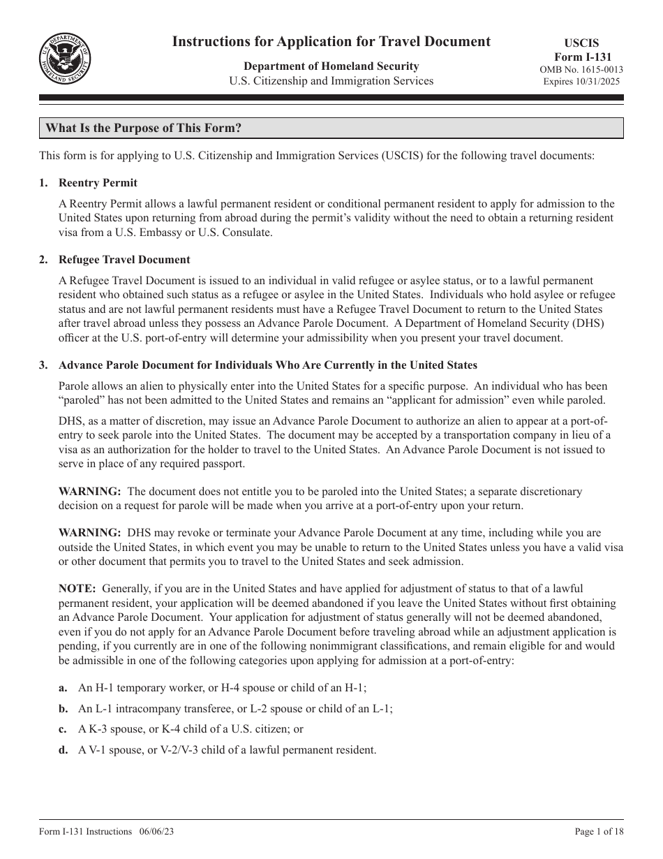 Instructions for USCIS Form I-131 Application for Travel Document, Page 1