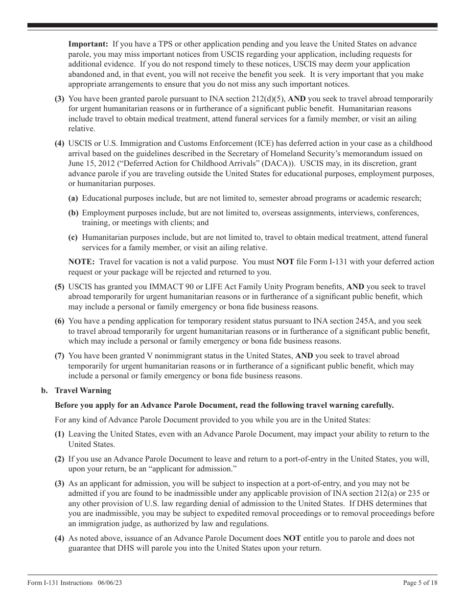 Instructions for USCIS Form I-131 Application for Travel Document, Page 5