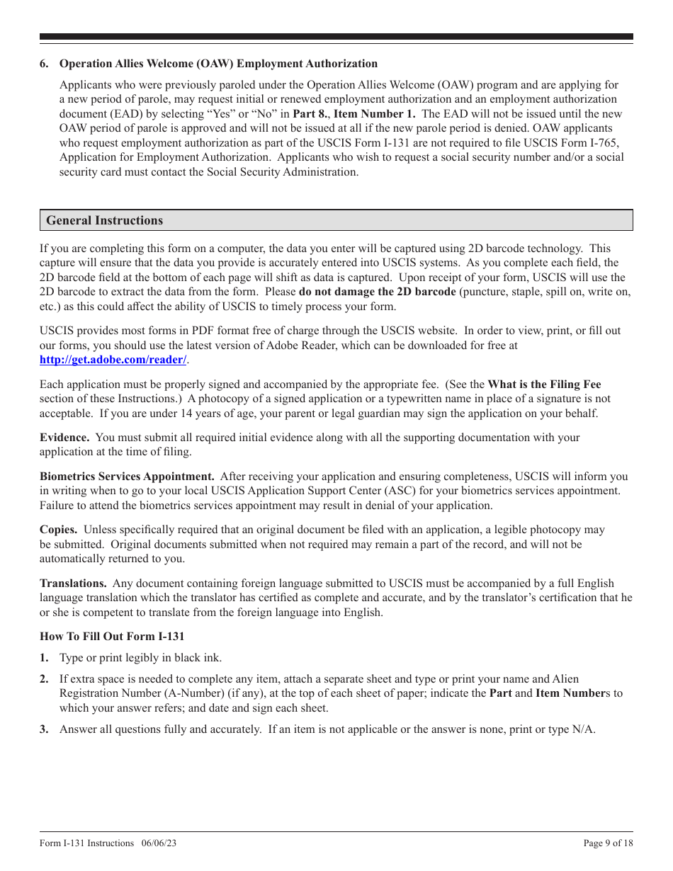 Instructions for USCIS Form I-131 Application for Travel Document, Page 9
