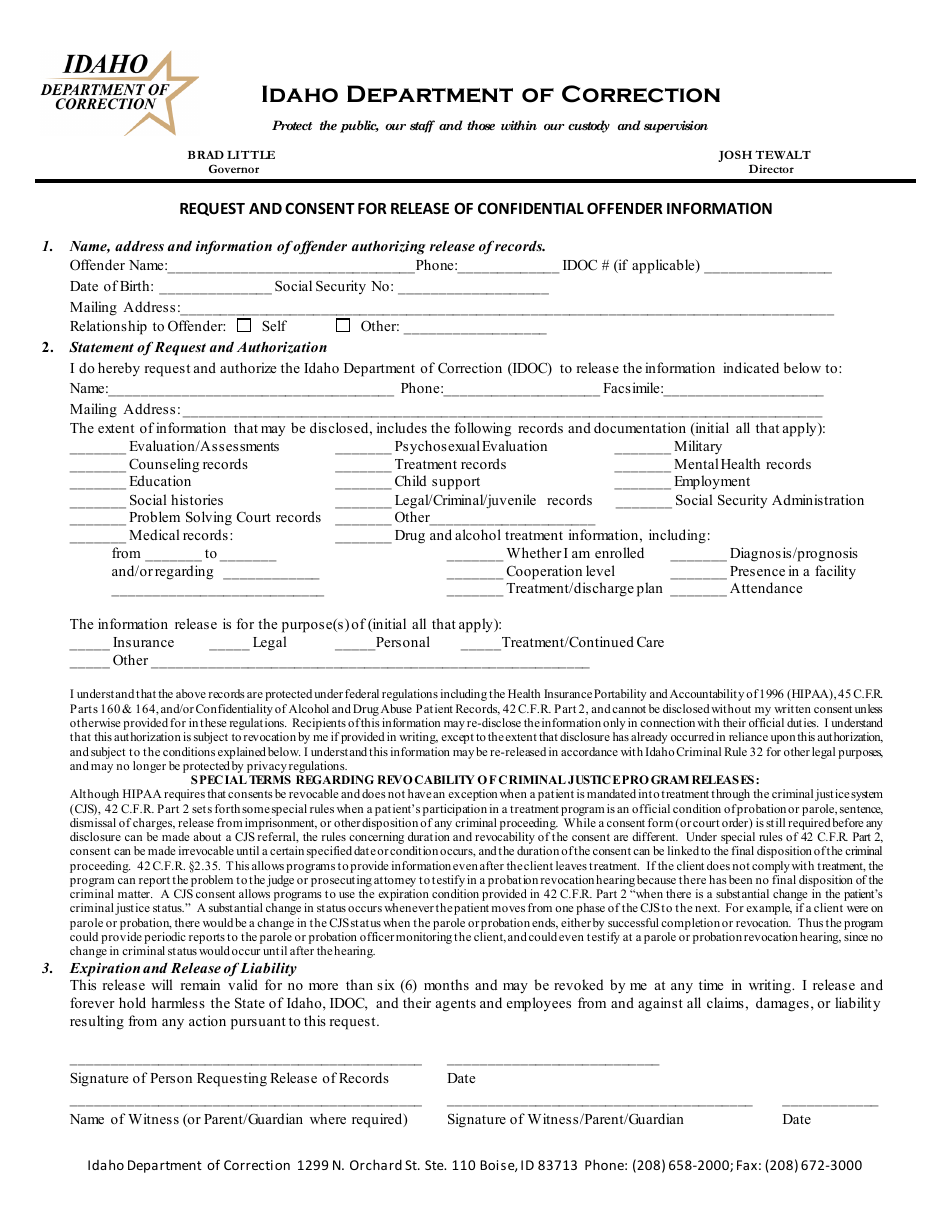 Request and Consent for Release of Confidential Offender Information - Idaho, Page 1