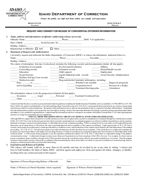 Request and Consent for Release of Confidential Offender Information - Idaho Download Pdf
