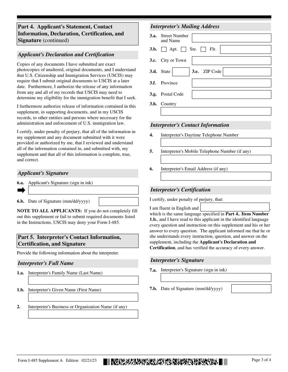 USCIS Form I-485 Supplement A Adjustment of Status Under Section 245(I), Page 3