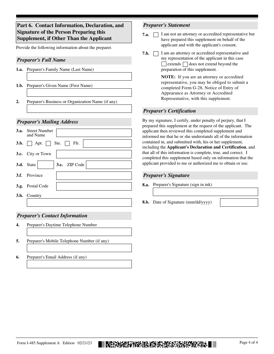 USCIS Form I-485 Supplement A Adjustment of Status Under Section 245(I), Page 4