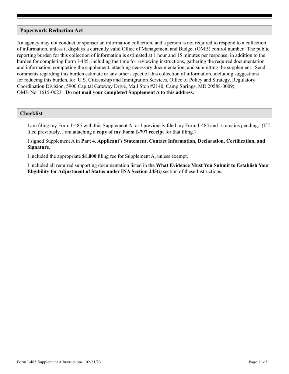 Instructions for USCIS Form I-485 Supplement A Adjustment of Status Under Section 245(I), Page 11