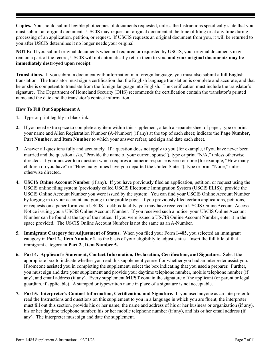 Instructions for USCIS Form I-485 Supplement A Adjustment of Status Under Section 245(I), Page 7