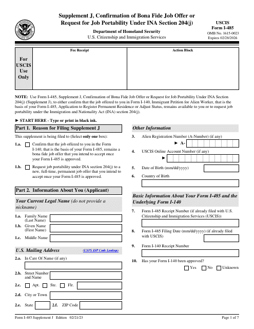 USCIS Form I-485 Supplement J Confirmation of Bona Fide Job Offer or Request for Job Portability Under Ina Section 204(J)