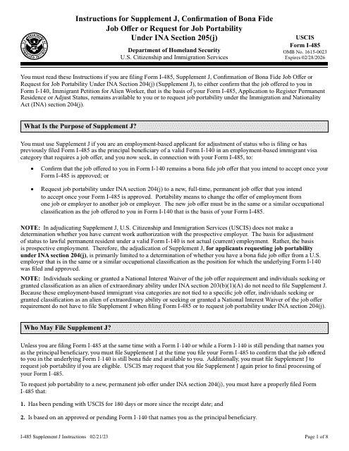 USCIS Form I-485 Supplement J  Printable Pdf