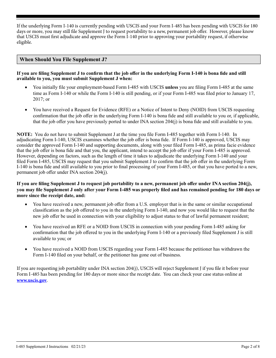 Instructions for USCIS Form I-485 Supplement J Confirmation of Bona Fide Job Offer or Request for Job Portability Under Ina Section 205(J), Page 2