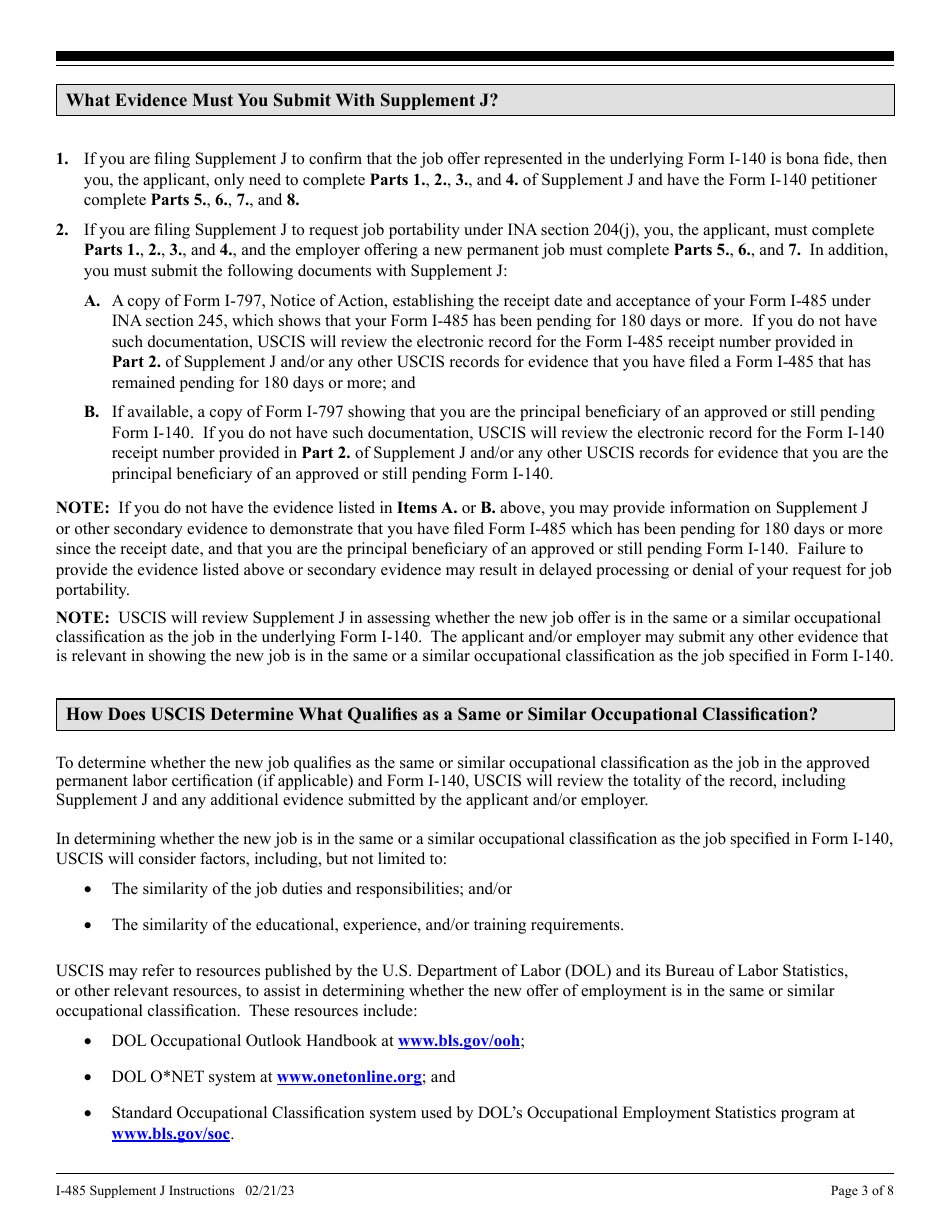 Instructions for USCIS Form I-485 Supplement J Confirmation of Bona Fide Job Offer or Request for Job Portability Under Ina Section 205(J), Page 3