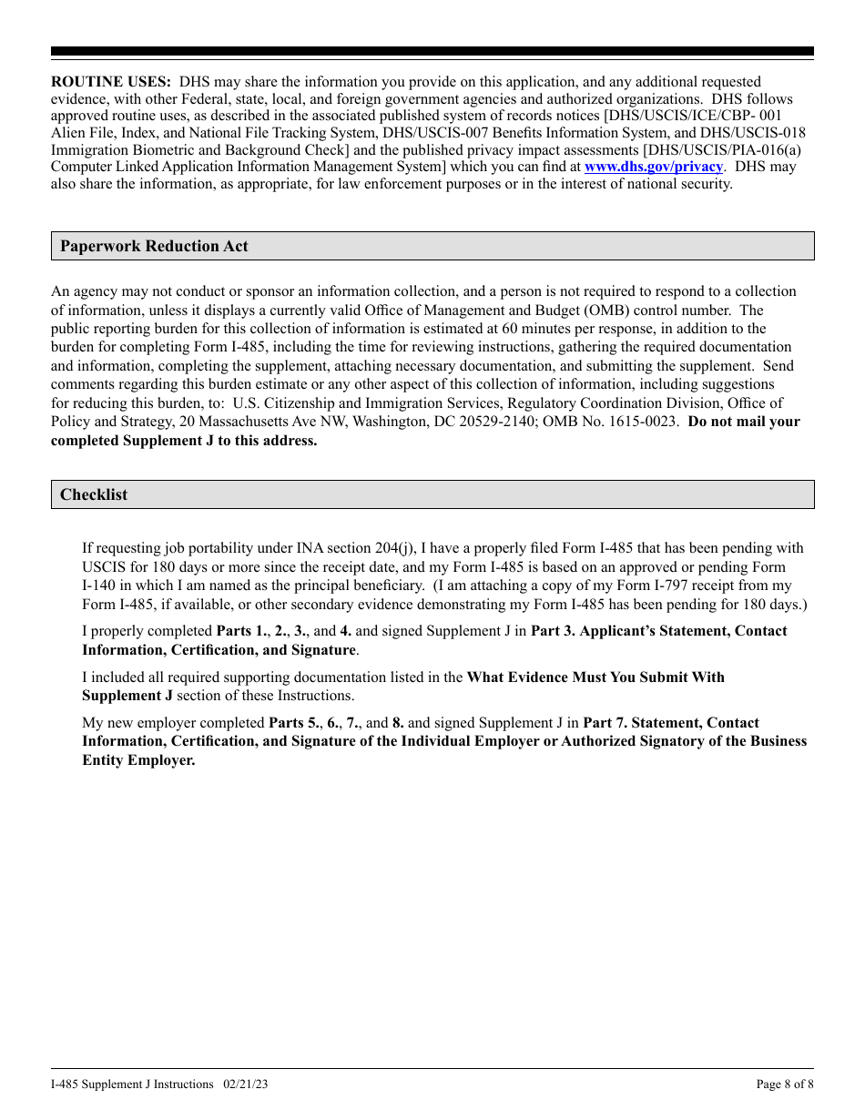 Instructions for USCIS Form I-485 Supplement J Confirmation of Bona Fide Job Offer or Request for Job Portability Under Ina Section 205(J), Page 8