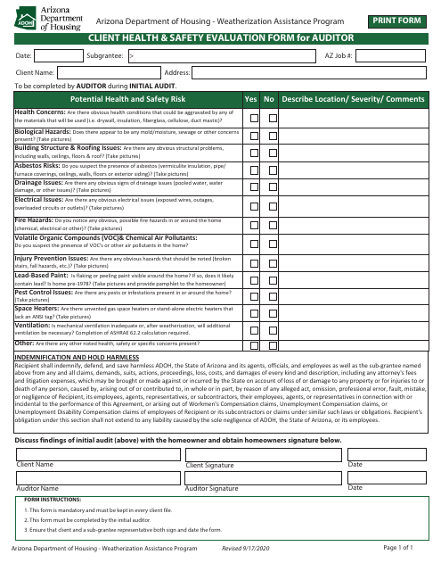 Client Health & Safety Evaluation Form for Auditor - Weatherization Assistance Program - Arizona Download Pdf