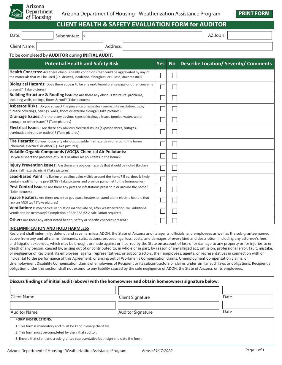 Client Health  Safety Evaluation Form for Auditor - Weatherization Assistance Program - Arizona, Page 1