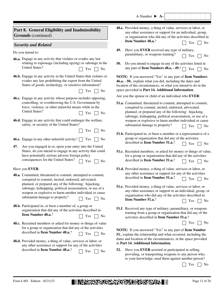 USCIS Form I-485 Application to Register Permanent Residence or Adjust Status, Page 12