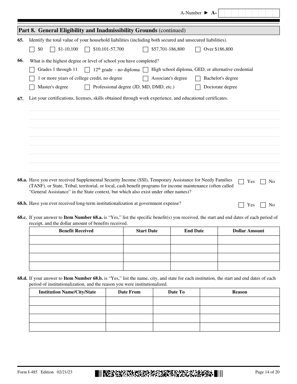 USCIS Form I-485 Application to Register Permanent Residence or Adjust Status, Page 14