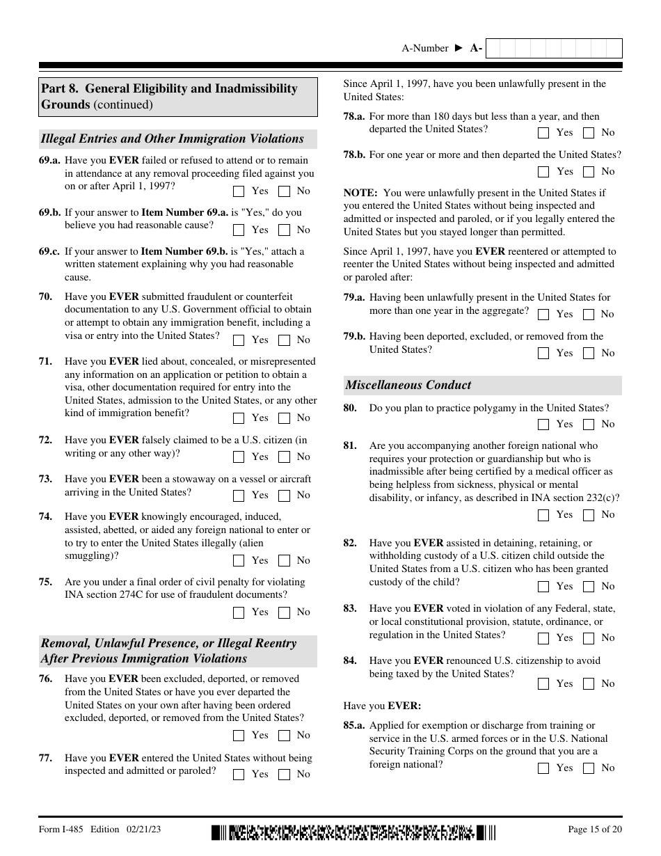 USCIS Form I-485 Application to Register Permanent Residence or Adjust Status, Page 15