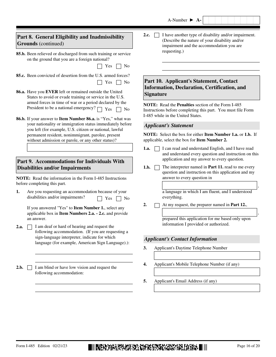 USCIS Form I-485 Application to Register Permanent Residence or Adjust Status, Page 16