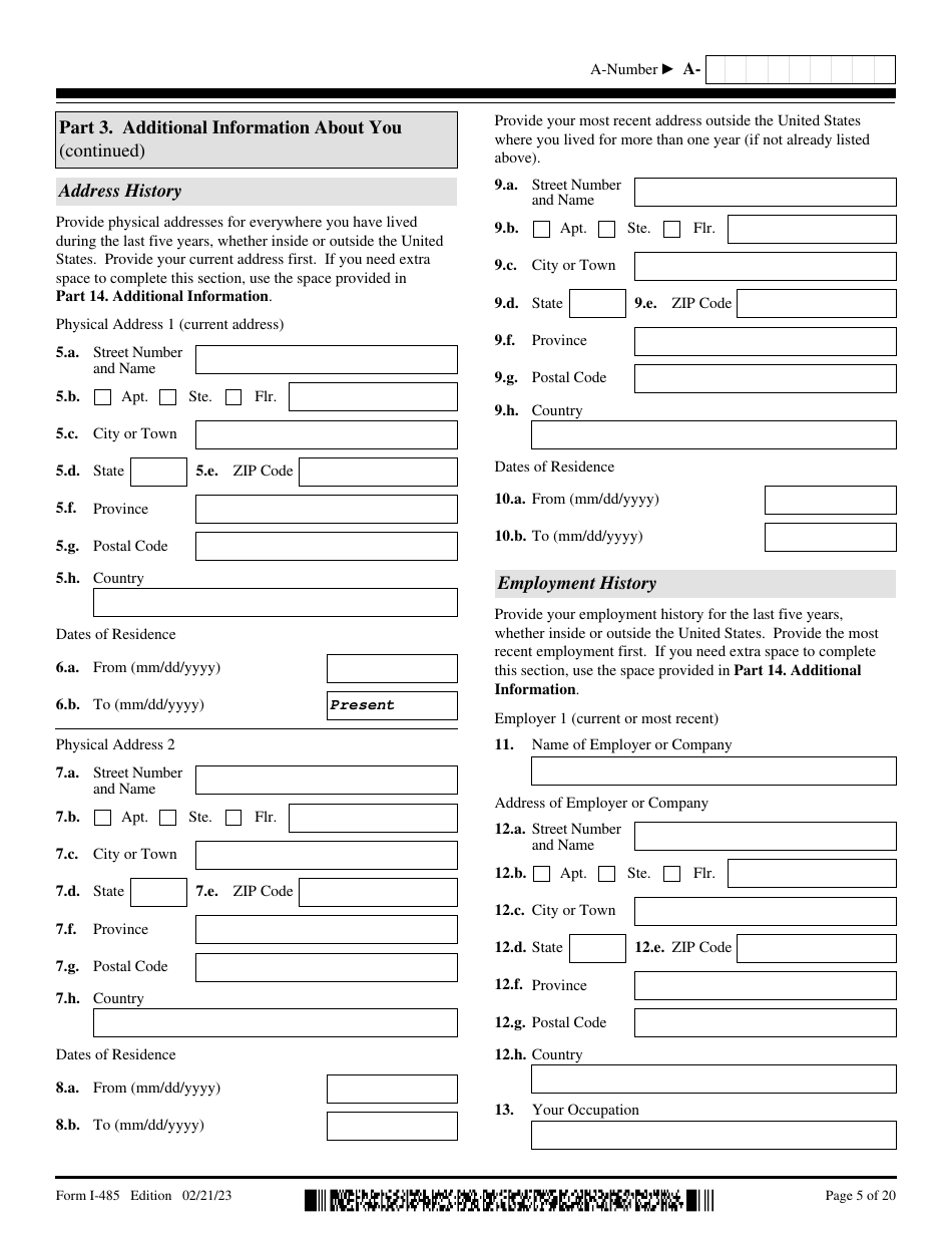 USCIS Form I-485 Application to Register Permanent Residence or Adjust Status, Page 5