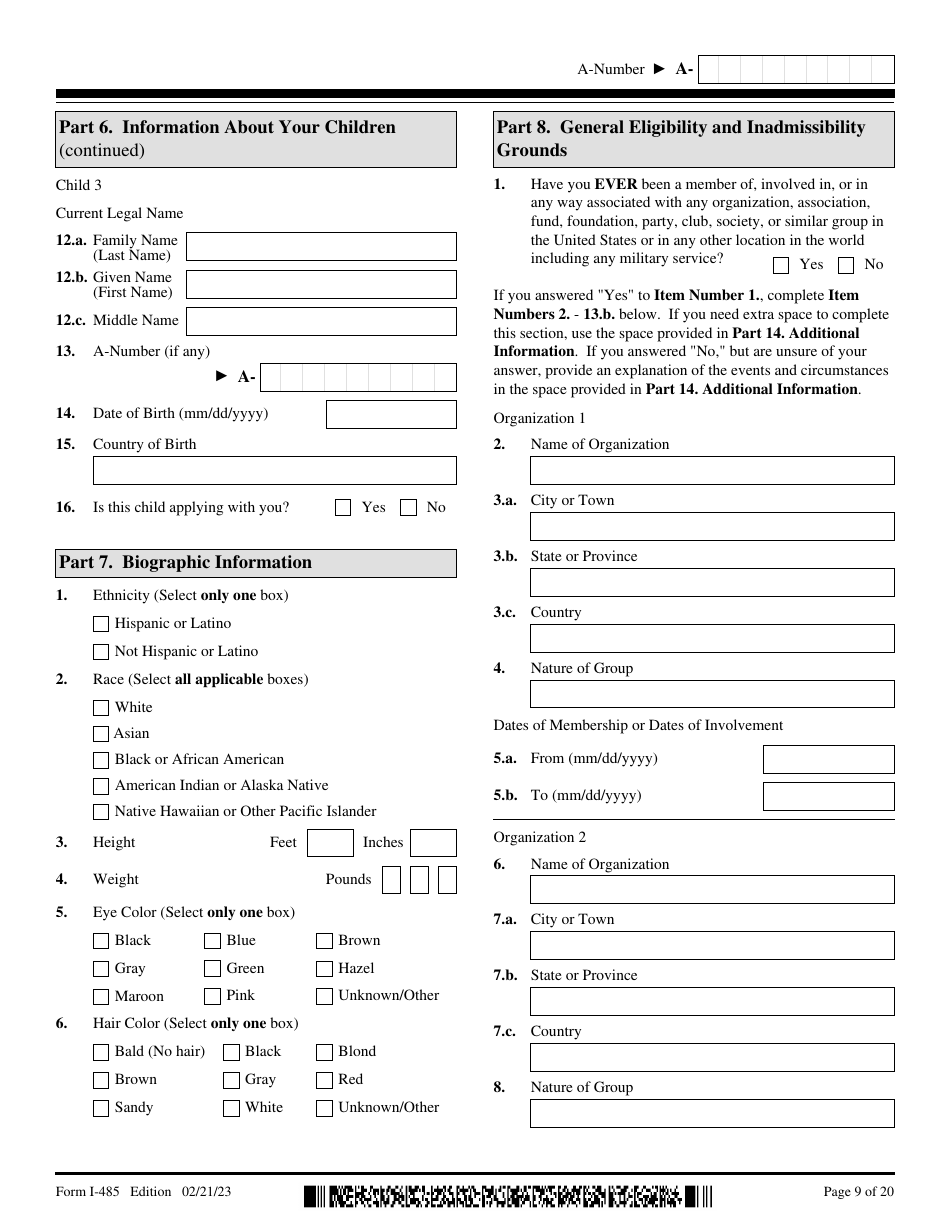 USCIS Form I-485 Application to Register Permanent Residence or Adjust Status, Page 9