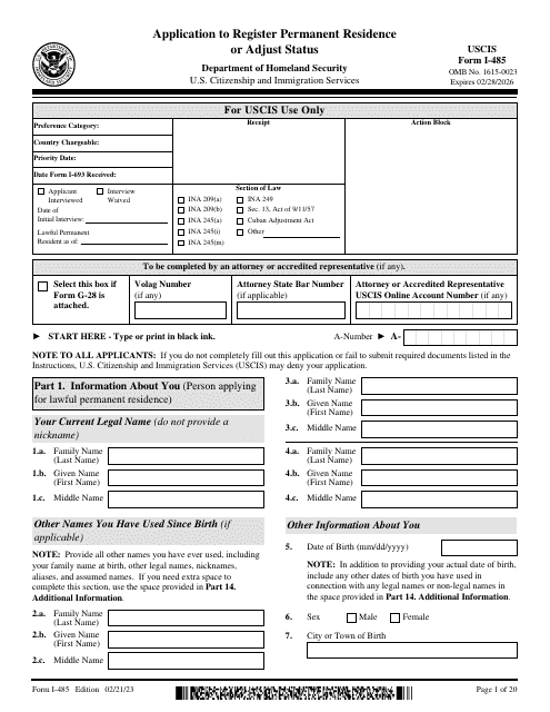 USCIS Form I-485 Application to Register Permanent Residence or Adjust Status