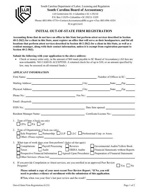 Form 5101 Initial Out-of-State Firm Registration - South Carolina