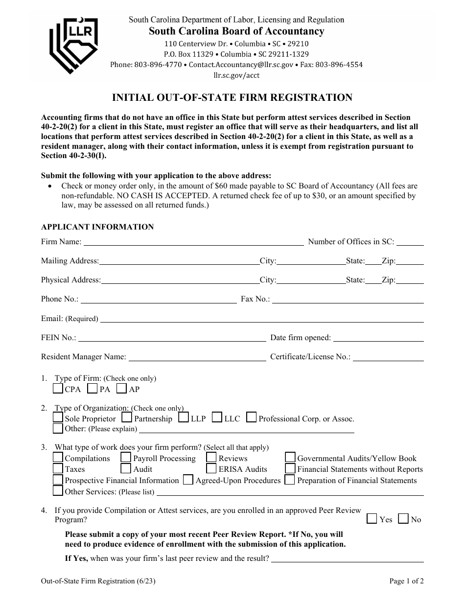 Form 5101 Initial Out-of-State Firm Registration - South Carolina, Page 1