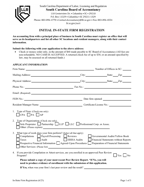 Form 2115 Initial in-State Firm Registration - South Carolina