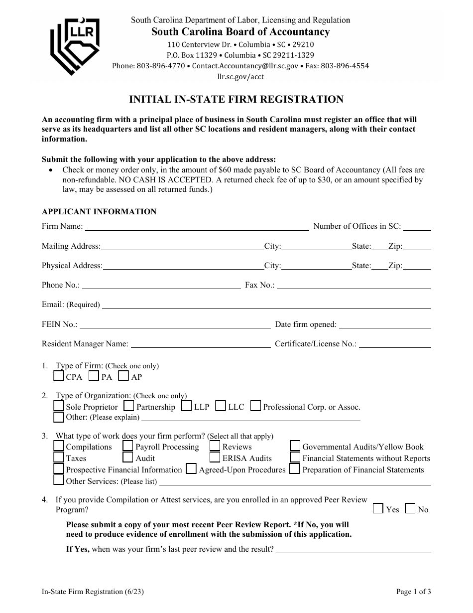 Form 2115 Initial in-State Firm Registration - South Carolina, Page 1