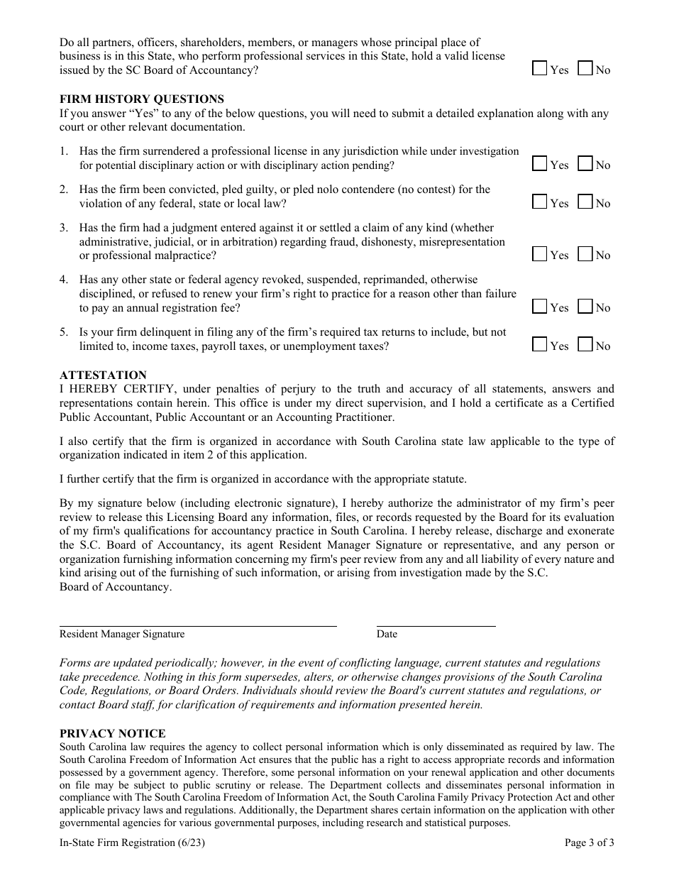 Form 2115 Initial in-State Firm Registration - South Carolina, Page 3