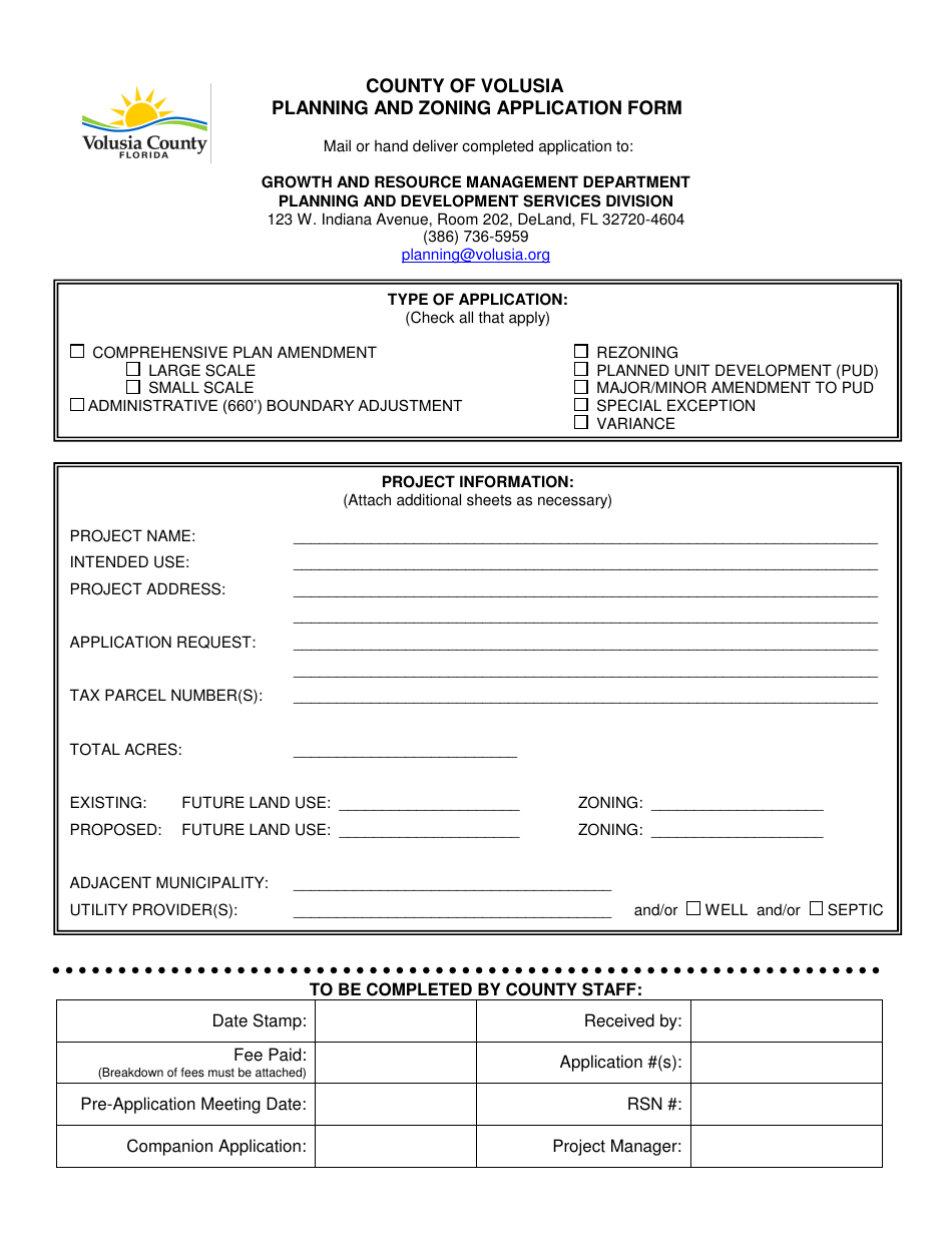 Planning and Zoning Application Form - Volusia County, Florida, Page 1