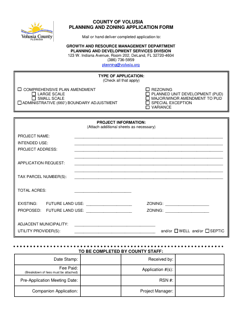Planning and Zoning Application Form - Volusia County, Florida Download Pdf