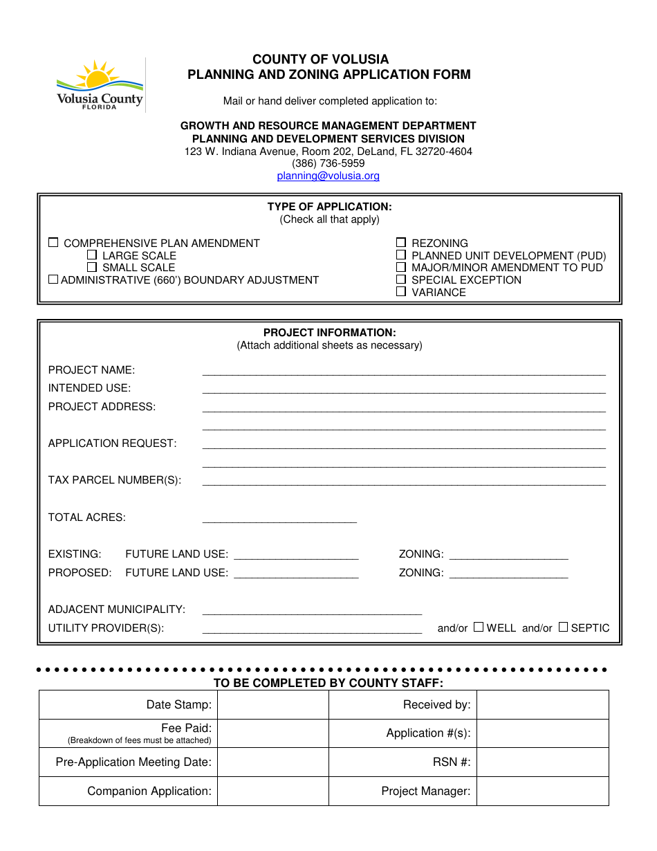 Volusia County, Florida Planning and Zoning Application Form Fill Out