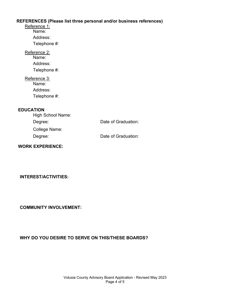 Volunteer Advisory Board Application - Volusia County, Florida, Page 4