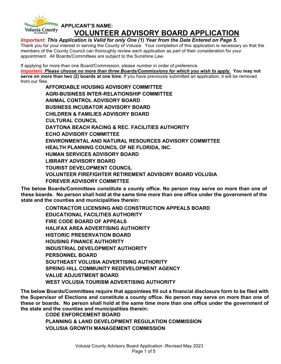 Volusia County, Florida Volunteer Advisory Board Application Download