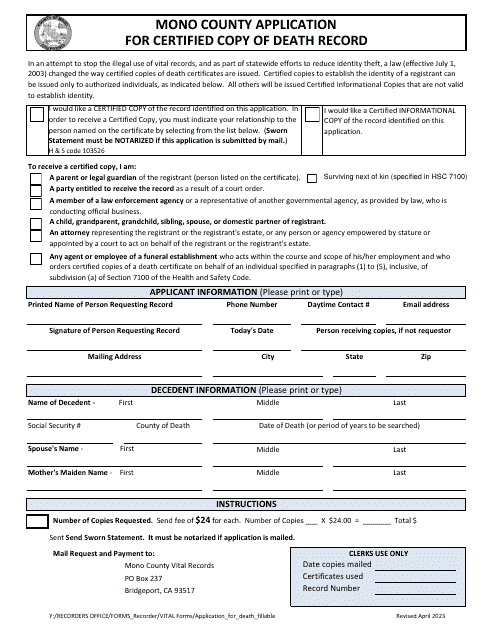 Application for Certified Copy of Death Record - Mono County, California Download Pdf