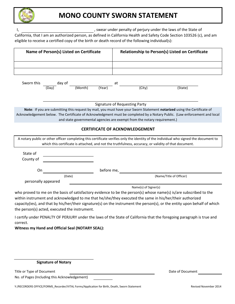 Application for Certified Copy of Death Record - Mono County, California, Page 2