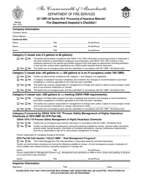 Form FP-310 Fire Department Inspector's Checklist I - Massachusetts