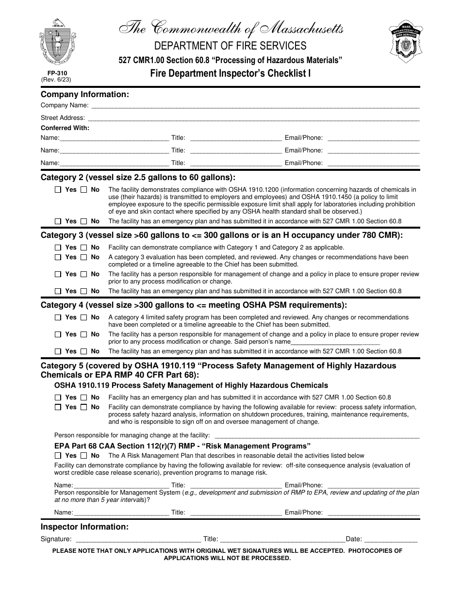 Form FP-310 Fire Department Inspectors Checklist I - Massachusetts, Page 1