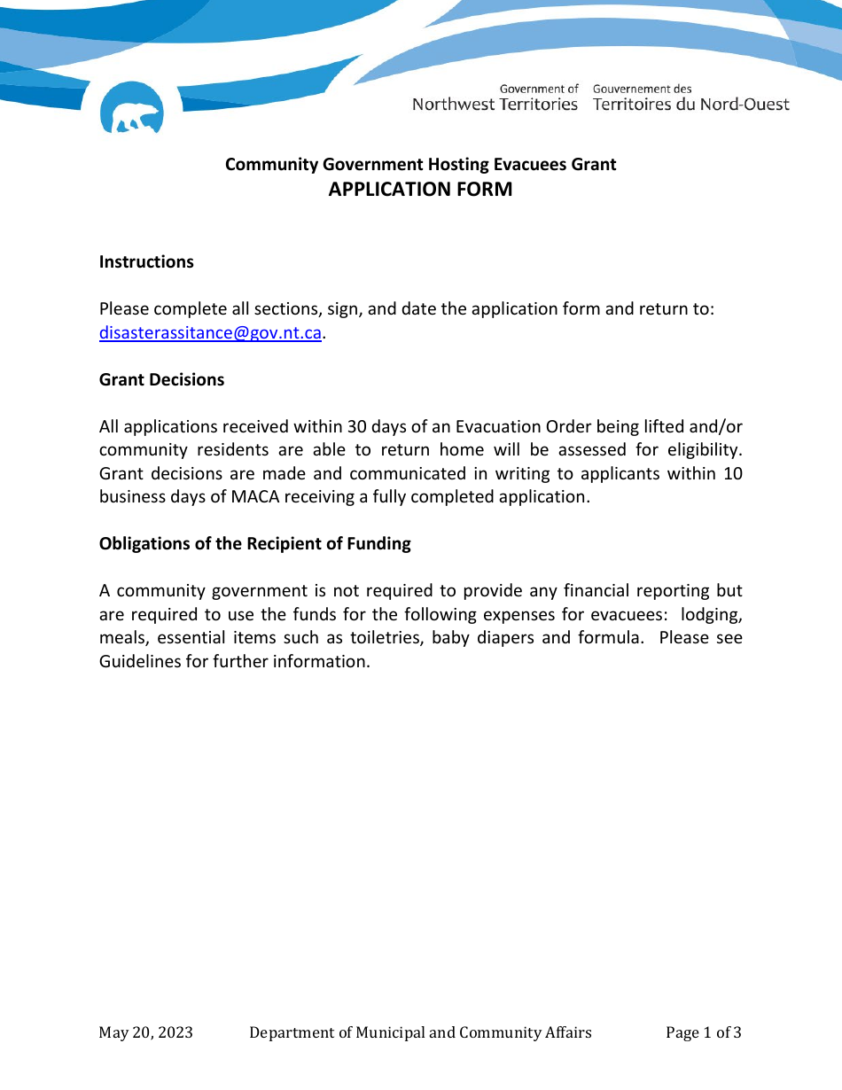 Application Form - Community Government Hosting Evacuees Grant - Northwest Territories, Canada, Page 1