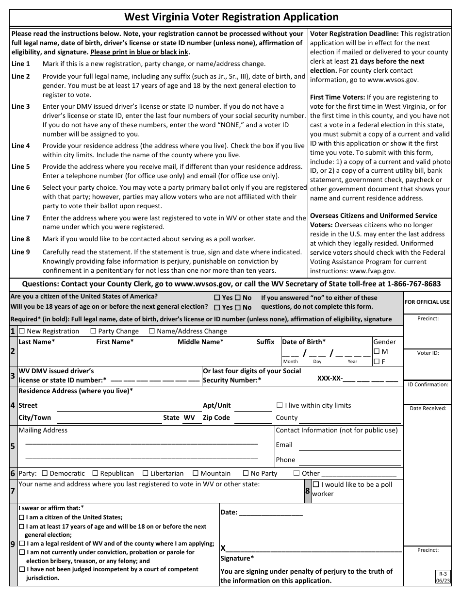 Form R-3 West Virginia Voter Registration Application - West Virginia, Page 1