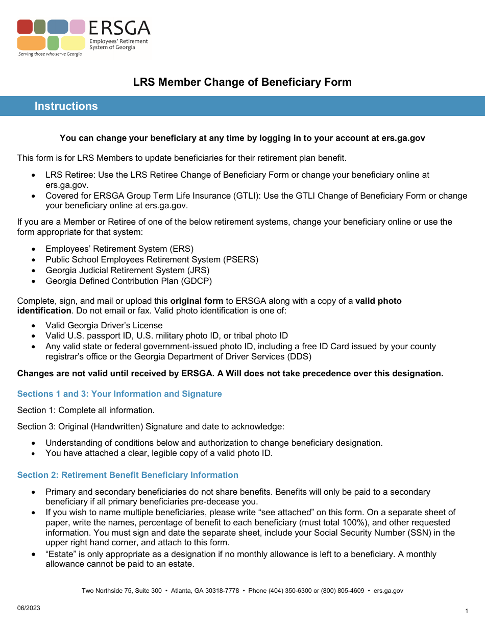 Form B9-LRS Lrs Member Change of Beneficiary Form - Georgia (United States), Page 1