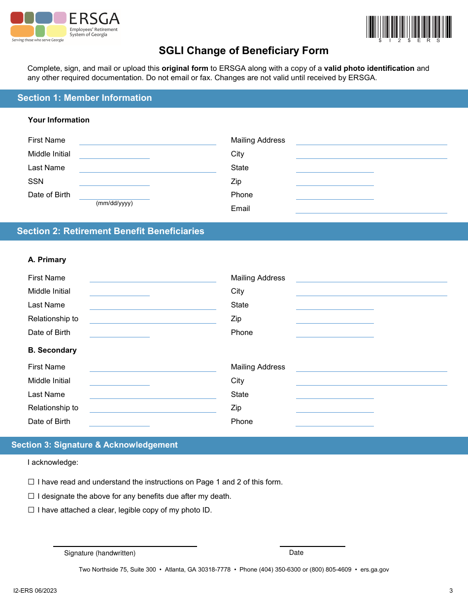 Form I2-ERS Supplemental Guaranteed Lifetime Income (Sgli) Change of Beneficiary Form - Georgia (United States), Page 3