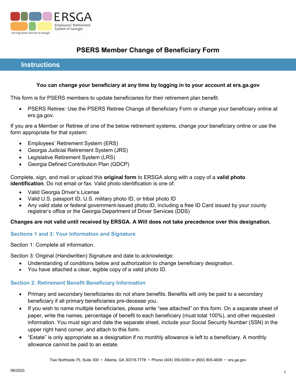 Form B9-PRS Psers Member Change of Beneficiary Form - Georgia (United States), Page 1
