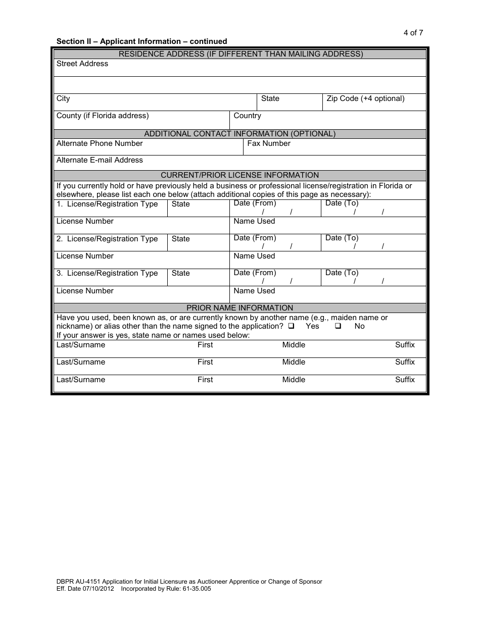 Form DBPR AU-4151 Application for Initial Licensure as Auctioneer Apprentice or Change of Sponsor - Florida, Page 5