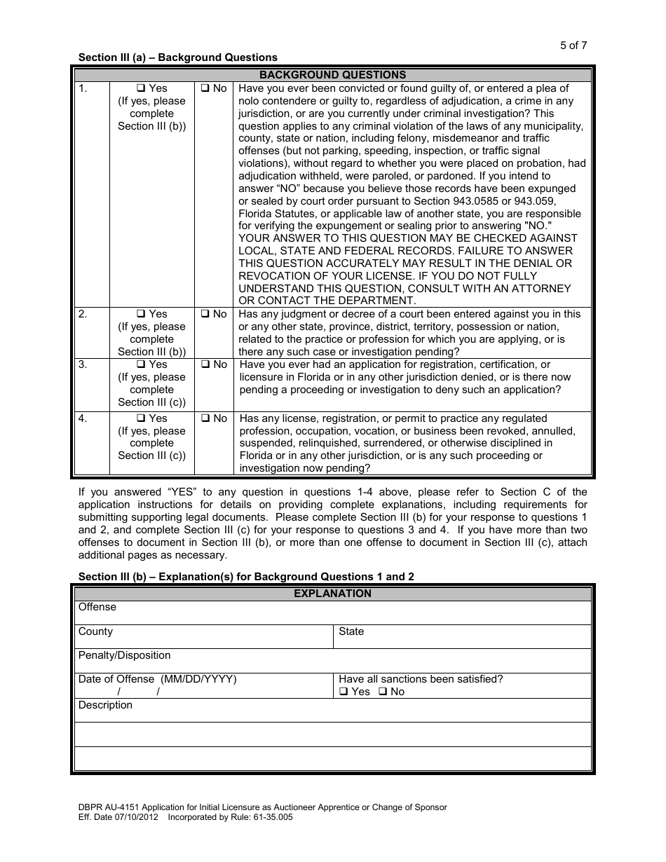 Form DBPR AU-4151 Application for Initial Licensure as Auctioneer Apprentice or Change of Sponsor - Florida, Page 6