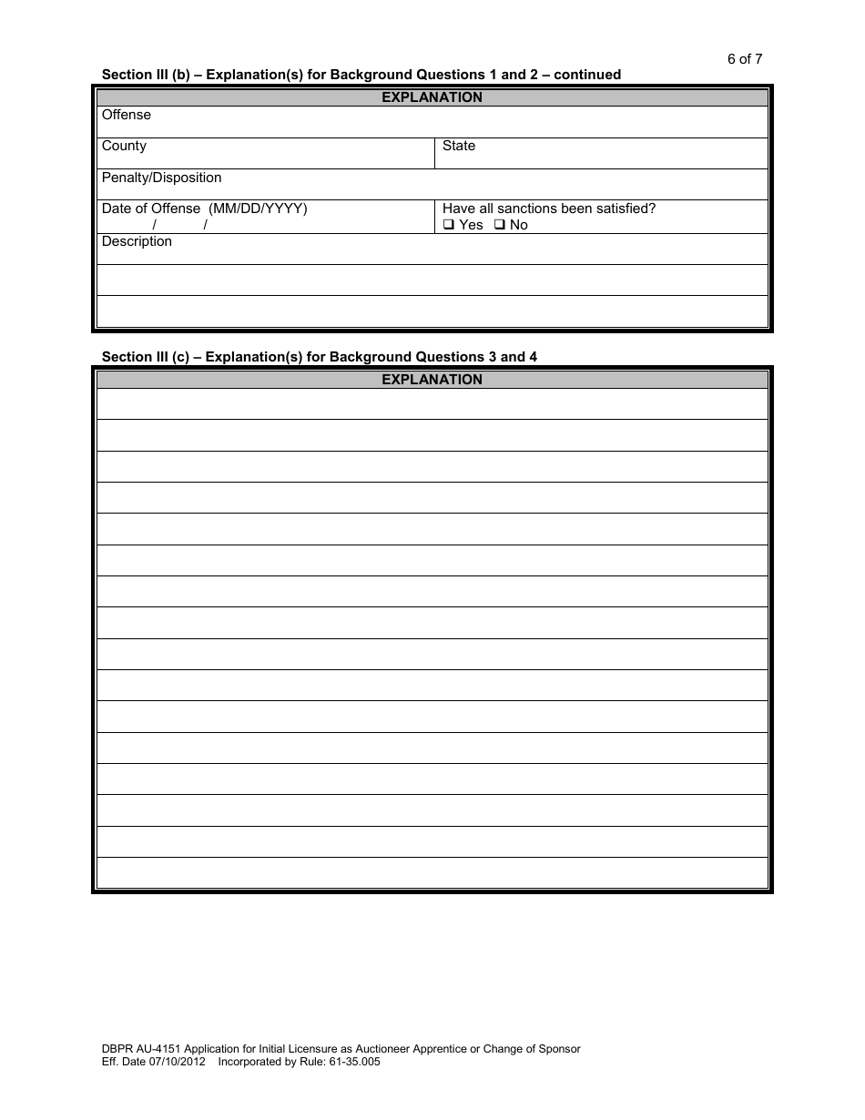 Form DBPR AU-4151 Application for Initial Licensure as Auctioneer Apprentice or Change of Sponsor - Florida, Page 7