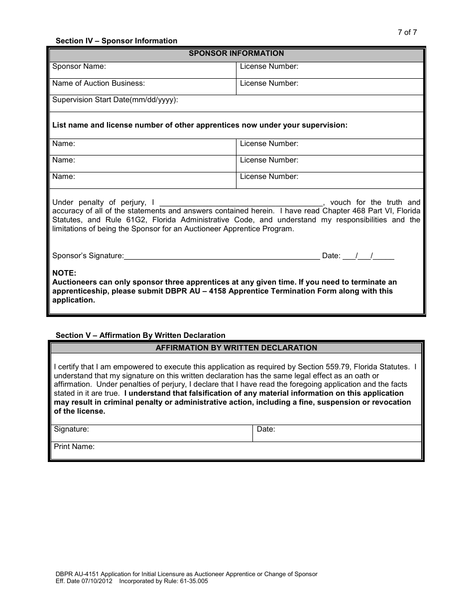 Form DBPR AU-4151 Application for Initial Licensure as Auctioneer Apprentice or Change of Sponsor - Florida, Page 8