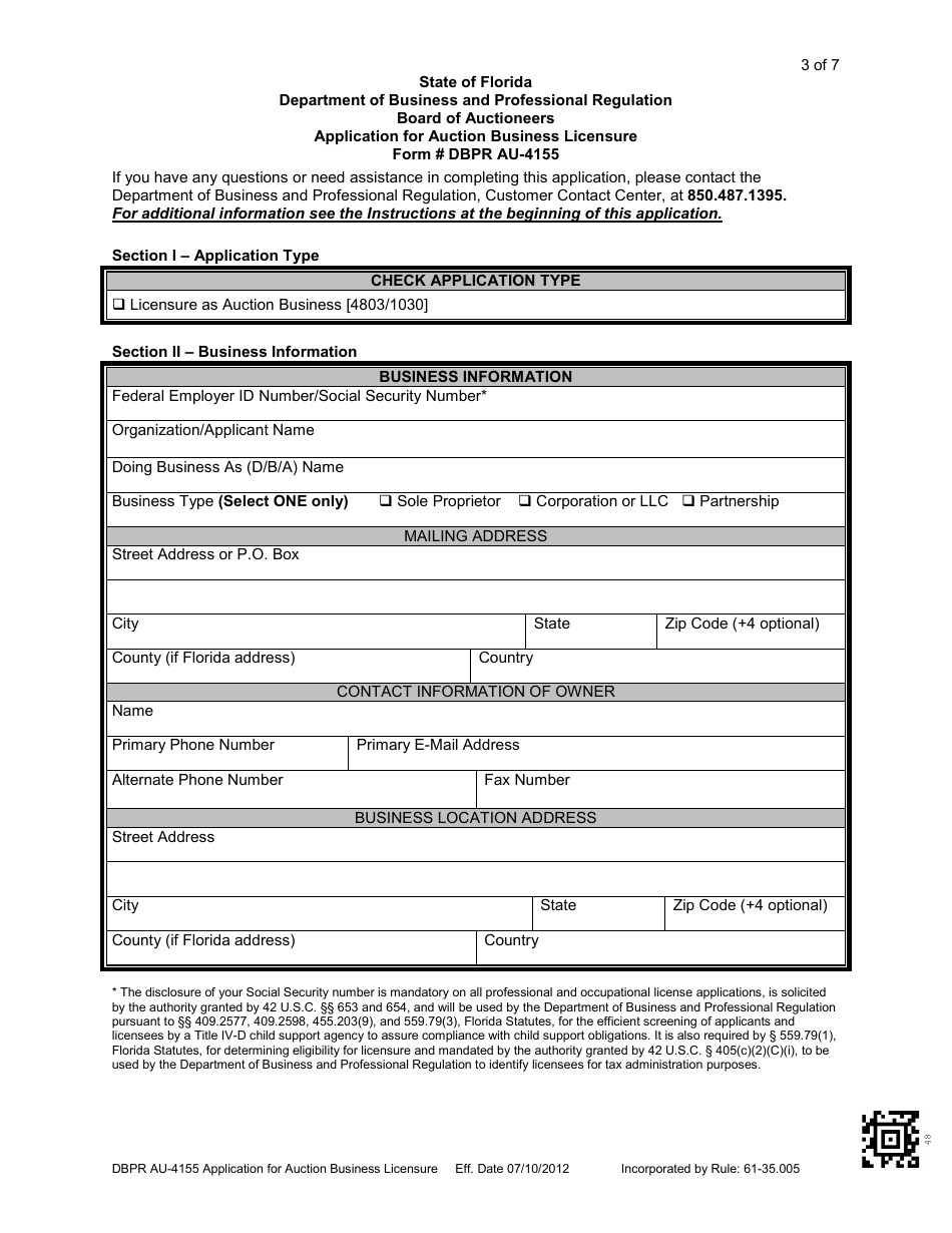 Form DBPR AU-4155 Application for Auction Business Licensure - Florida, Page 4