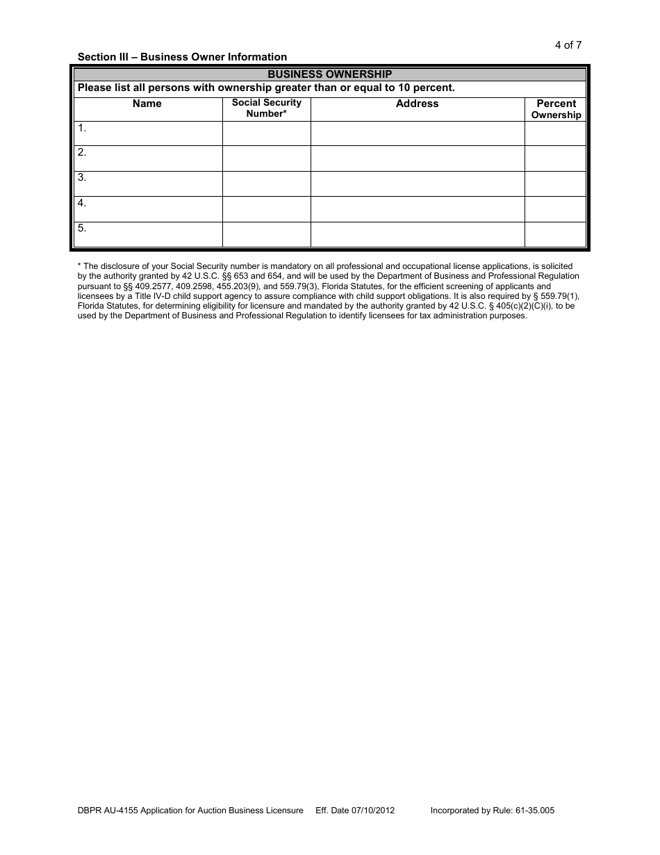 Form DBPR AU-4155 Application for Auction Business Licensure - Florida, Page 5