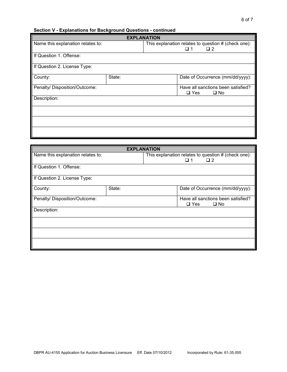 Form DBPR AU-4155 Application for Auction Business Licensure - Florida, Page 7